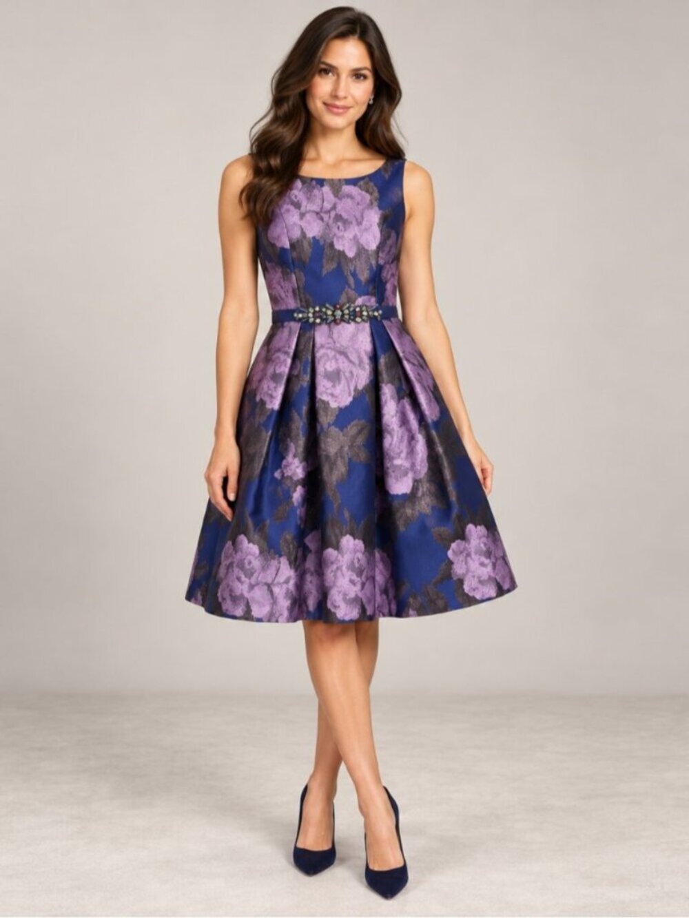 Eliza J Navy Purple Floral Jacquard Fit & Flare Dress Size 4 0865